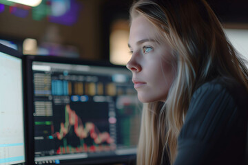 Female trader working on computer, analysis and research data for invest in stock and currency market