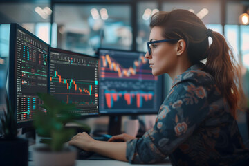 Female trader working on computer, analysis and research data for invest in stock and currency market - obrazy, fototapety, plakaty