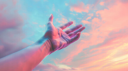 A hand that reaches out and touches the sky represents the need for freedom and success - obrazy, fototapety, plakaty