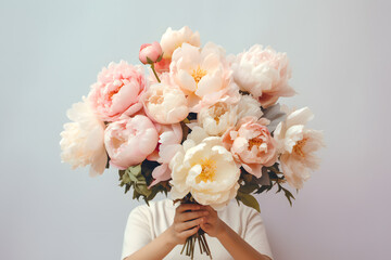 Female hand holding beautiful bouquet with fragrant peonies on light background