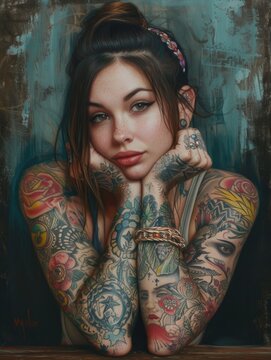 A portrait of a young woman with a distinctive and intricate array of tattoos covering her armsneckand visible parts of her bodyfeaturing a mix of styles ranging from traditional and tribal to contemp