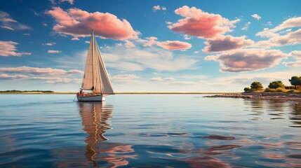 A top view of a sailboat gliding on calm waters beneath a canopy of blue skies and fluffy clouds, capturing the serenity of a day at sea - obrazy, fototapety, plakaty