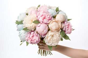 Female hand holding beautiful bouquet with fragrant peonies on light background