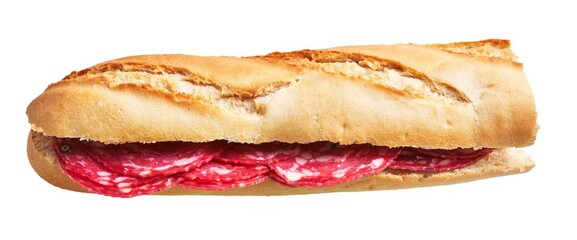 A crusty baguette sandwich filled with slices of salami, isolated on a white background.