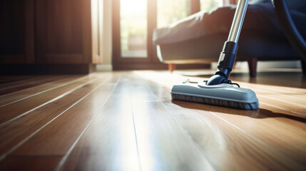 Close up of Floor cleaning with cleanser foam and vacuum cleaner at home. Cleaning tools on parquet floor.