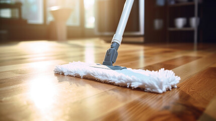 Close up of Floor cleaning with mob with cleanser foam at home. Cleaning tools on parquet floor. - obrazy, fototapety, plakaty