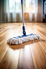 Close up of Floor cleaning with mob with cleanser foam at home. Cleaning tools on parquet floor.