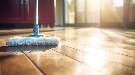 Close up of Floor cleaning with mob with cleanser foam at home. Cleaning tools on parquet floor.