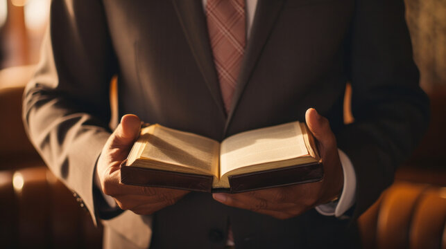 Close up hand of Pastor with a Bible in his hand during a sermon. The preacher delivers a speech.