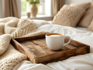 Fototapeta na wymiar Wooden tray with a white coffee mug on the bed