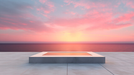 Modern Beach with Platform, Sand Waves Ocean Sunset Sun Product Advertising Mockup Background...