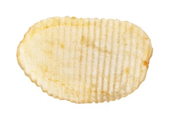 Close-up isolated image of a single ripple-cut potato chip against a white background, symbolizing snacks and food.