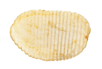 Close-up isolated image of a single ripple-cut potato chip against a white background, symbolizing...