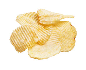 A pile of golden, crispy potato chips isolated on a white background, implying a delicious snack...