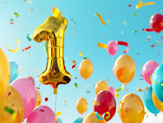 figure 1 in the form of a golden helium balloon on the background of balloons - obrazy, fototapety, plakaty