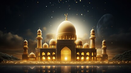 Mosque dome with golden moon light at night. Islamic Ramadan Kareem banner background design. - obrazy, fototapety, plakaty