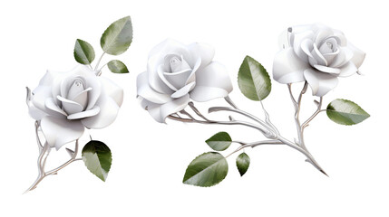 Silver Roses Collection: Botanical Garden Design Elements for Perfume, Essential Oil, or Decorative Floral Art, Top View PNG Images with Transparent Backgrounds for Modern Beauty Concepts