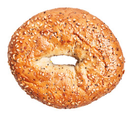 Close-up of a fresh sesame seed bagel isolated on a white background, perfect for bakery and breakfast themes.