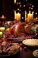 A festive holiday table spread featuring a succulent roast turkey, cranberry sauce, roasted vegetables, and a selection of mouthwatering desserts, under candlelight.