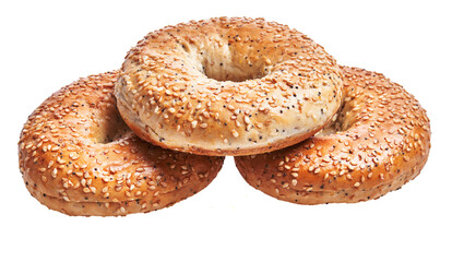 Three stacked sesame bagels isolated on white background, portraying freshness and simplicity suitable for food-related content.