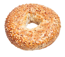 Isolated multigrain bagel on white background, showcasing nutritious seeds and a freshly baked texture.