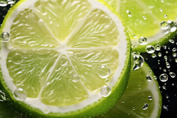 Close up of Lemon and lime slices drop in fizzy sparkling water, juice refreshment.