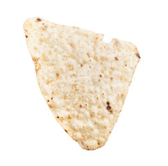 Close-up of a single tortilla chip isolated on a white background, suggestive of mexican cuisine and snacking.