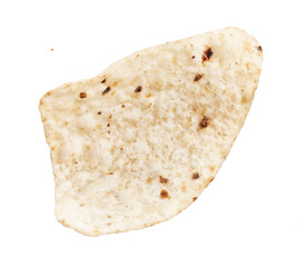 Close-up single tortilla isolated on white background exemplifies mexican cuisine and simple food concepts.