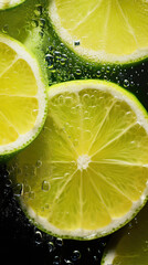 Close up of Lemon and lime slices drop in fizzy sparkling water, juice refreshment.