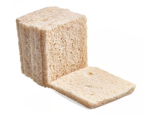 Stacked white bread with one slice leaning against it on a white background.