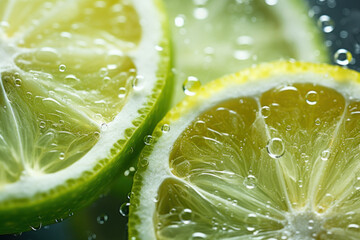 Close up of Lemon and lime slices drop in fizzy sparkling water, juice refreshment.