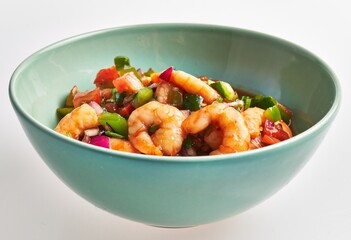 A succulent shrimp salad in a turquoise bowl showcasing fresh vegetables and seafood on a white backdrop.