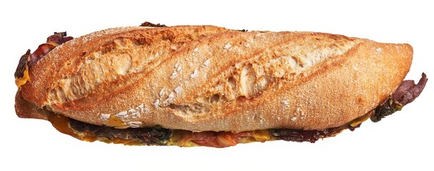 A crusty delicious ciabatta sandwich with fresh greens, succulent bacon, and melted cheese isolated on a white background.