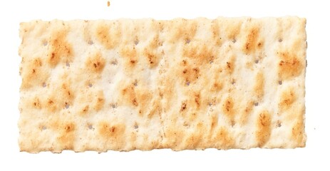Close-up of a single rectangular matzo cracker with toasted spots isolated against a white background.