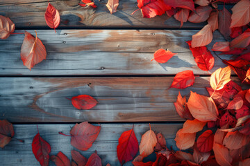 Autumn leaves over wooden background with copy space.