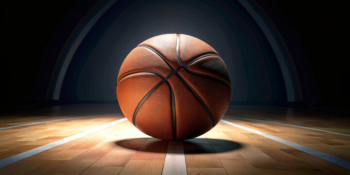A basketball sits on the floor