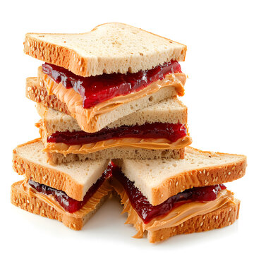 Peanut butter and strawberry jelly sandwiches isolated on white