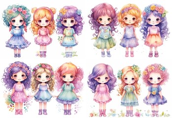 watercolor painting style illustration of cute happy spring  girls, isolated on white background, collection set,  generative Ai	
