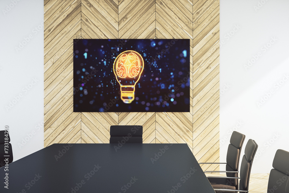 Poster creative light bulb illustration with human brain on tv display in a modern presentation room, futur