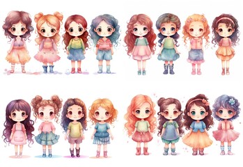 watercolor painting style illustration of cute happy spring  girls, isolated on white background, collection set,  generative Ai	
