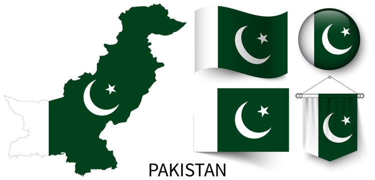 The various patterns of the Pakistan national flags and the map of Pakistan's borders