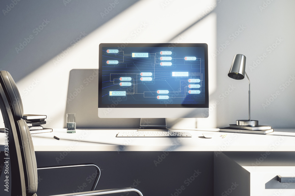 Poster Abstract creative coding concept on modern laptop screen. 3D Rendering