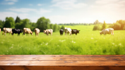 Obraz premium Empty wooden table top with blur green meadow, cows on a grass field during the summer background.