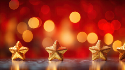 Fototapeta na wymiar Gold christmas stars with christmas glowing golden red on a red blurred bokeh background.