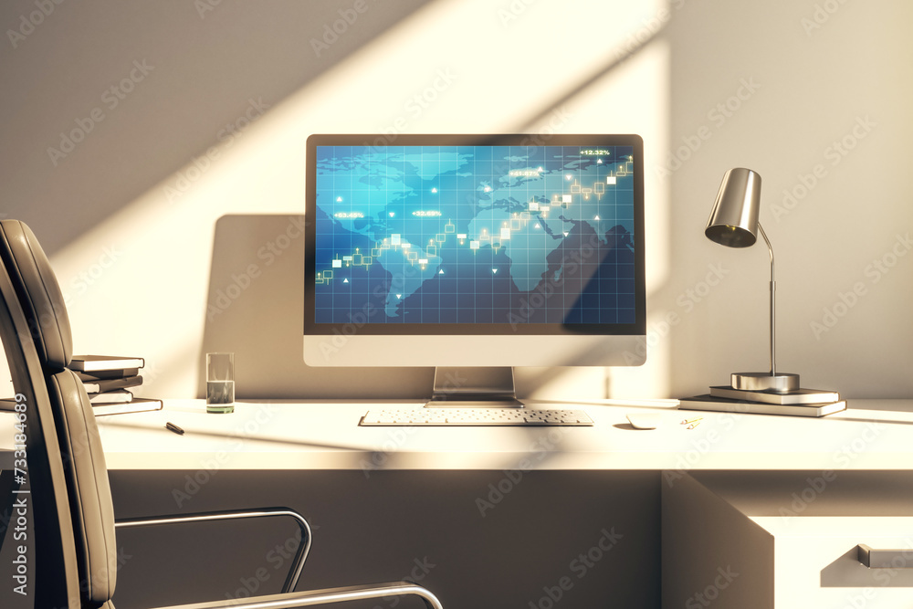 Poster computer monitor with abstract creative financial graph with world map, financial and trading concep
