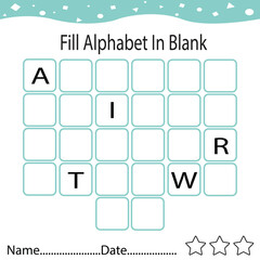Fill the missing alphabet worksheet page for children, online education, kids activity