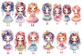 watercolor painting style illustration of cute happy spring girl, isolated on white background, collection set,  generative Ai	
