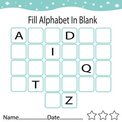 Fill the missing alphabet worksheet page for children, online education, kids activity