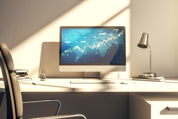 Computer monitor with abstract creative financial graph with world map, financial and trading concept. 3D Rendering