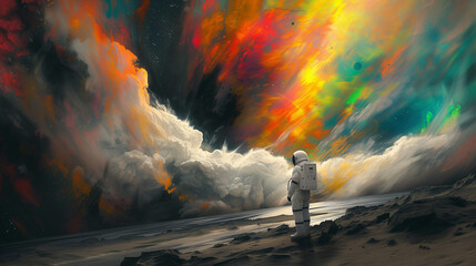 Astronaut Standing Before a Colorful Explosion, Conceptual Art of Discovery and Wonder
